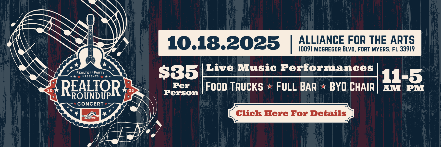 red white and blue banner featuring event dates and times along with a logo for realtor roundup event