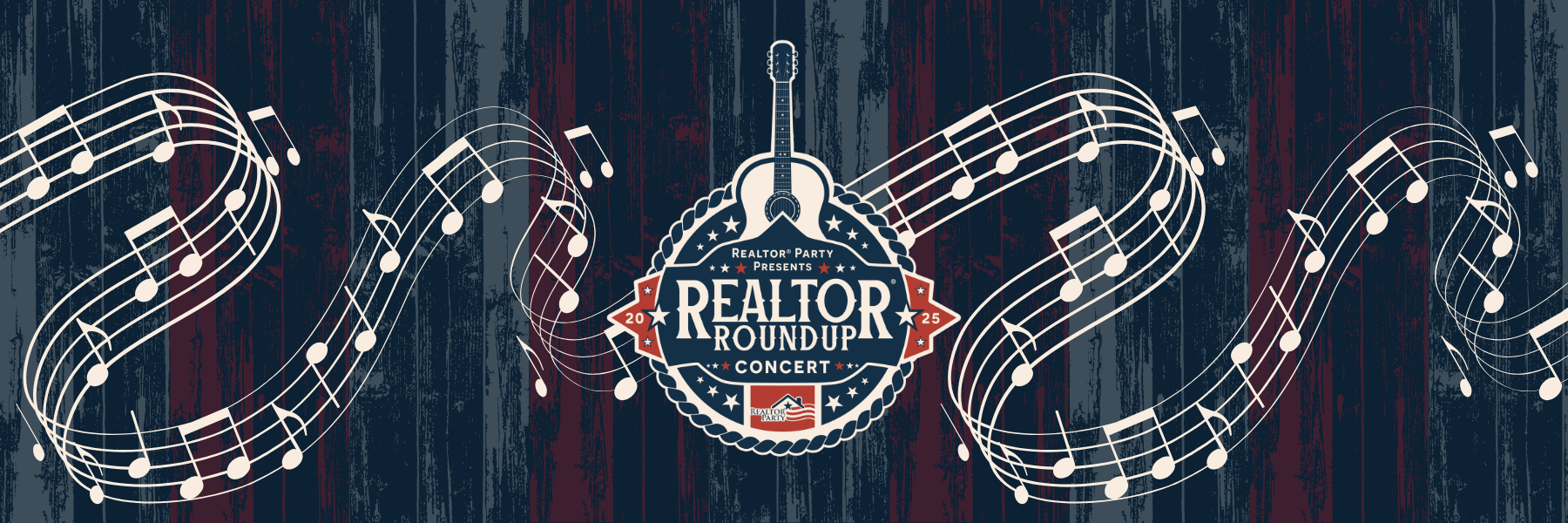 red white and blue banner featuring event dates and times along with a logo for realtor roundup event