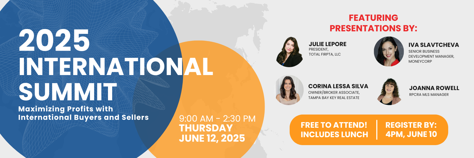 Banner with a white and gray earth map background featuring headshots of four women and white and black text